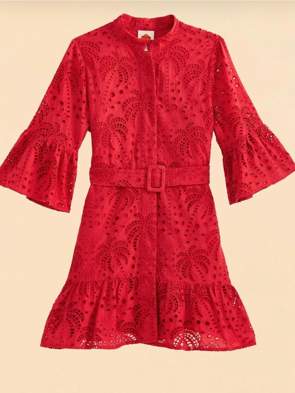 Farm Rio Red Palm Mini Eyelet Lace Belted Mini Dress